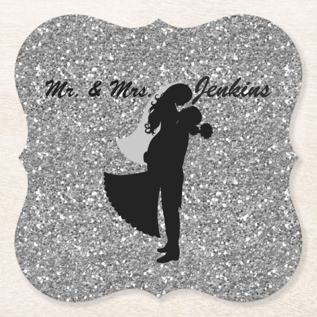 Silhouette Bride & Groom Silver Faux Glitter Paper Coaster (Front)