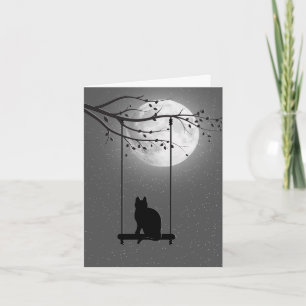 Silhouette Cat On A Swing In Moonlight Note Card