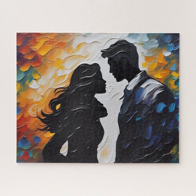 Silhouette Couple About to Kiss in Vibrant Colours Jigsaw Puzzle (Horizontal)