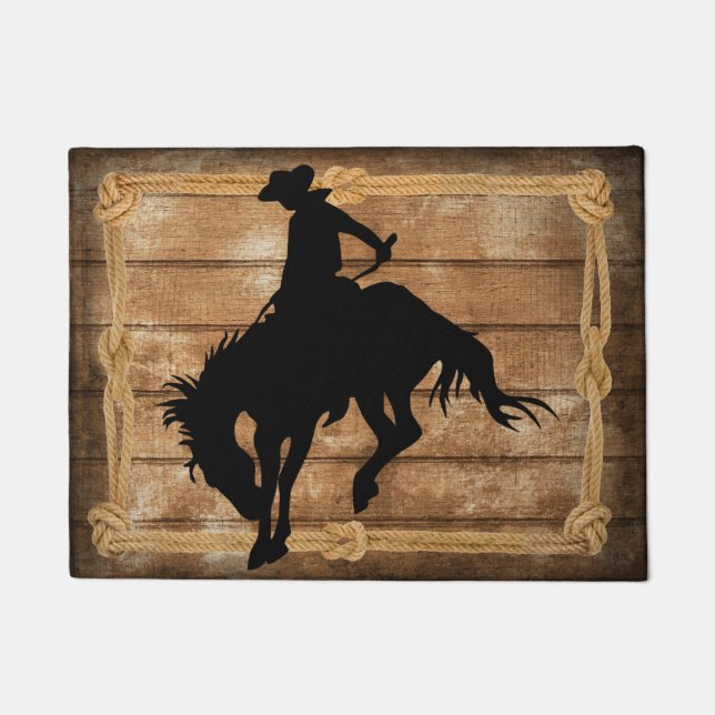 Silhouette Cowboy on a Bucking Bronco Horse Doormat (Front)
