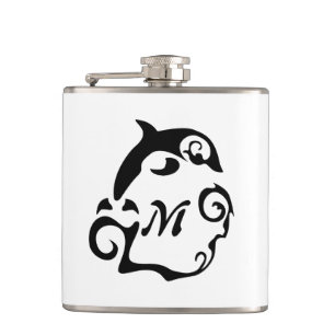 Silhouette Dolphin in a Black Sea Wave Hip Flask