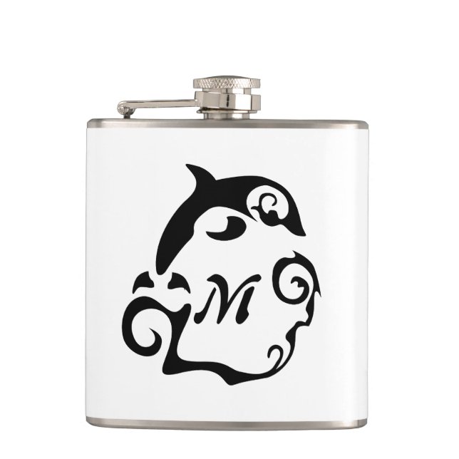 Silhouette Dolphin in a Black Sea Wave Hip Flask (Front)