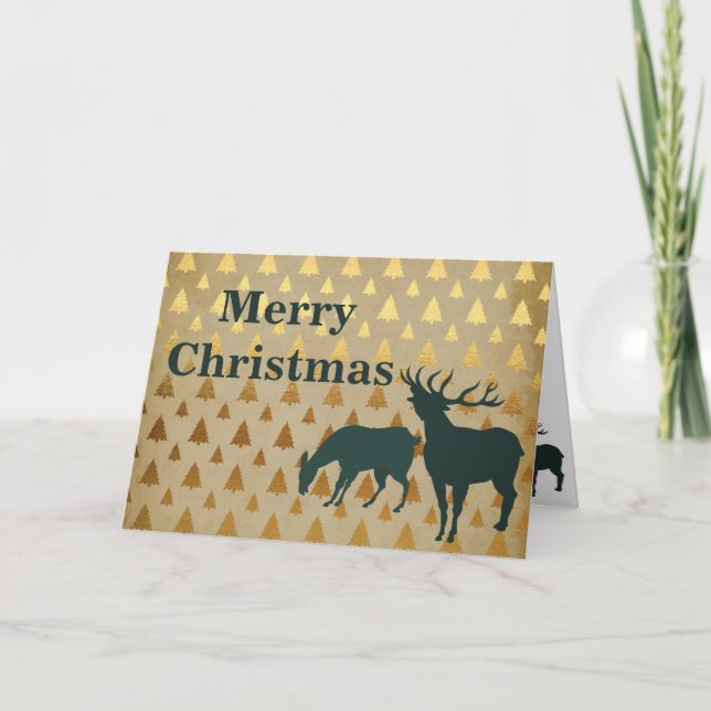 Silhouette Elk Golden Pine Trees Merry Christmas Holiday Card (Front)