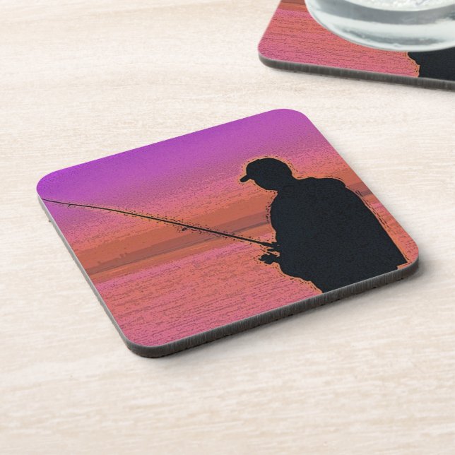 Silhouette Fishing at Sunset Digial Art Coasters (Left Side)