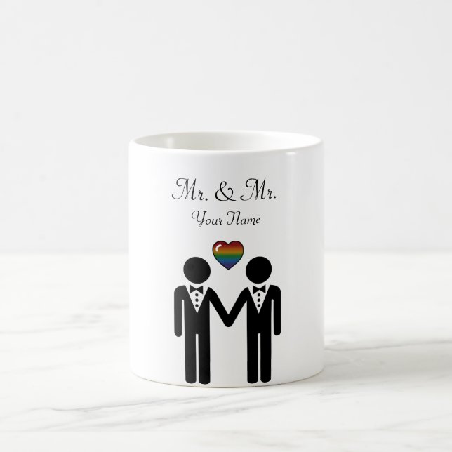 Silhouette Gay Grooms with Rainbow Heart Coffee Mug (Center)