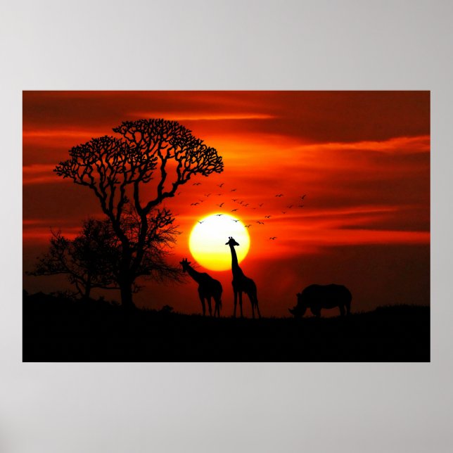 Silhouette giraffes and rhino poster (Front)