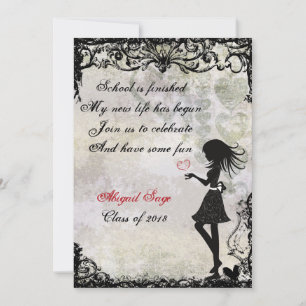 Silhouette Girl and Hearts Graduation Invitation
