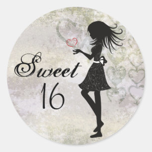 Silhouette Girl and Hearts Sweet 16 Birthday Classic Round Sticker