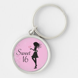 Silhouette Girl and Hearts Sweet 16 Pink and Black Keychain