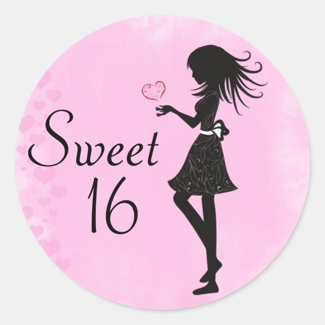 Silhouette Girl and Hearts Sweet 16 Pink - Black Classic Round Sticker (Front)