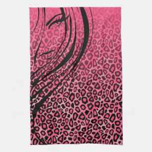 Silhouette Girl Pink Leopard Animal Print Kitchen Towel