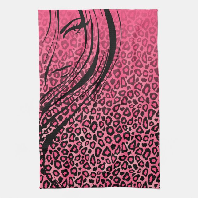 Silhouette Girl | Pink Leopard Animal Print Kitchen Towel (Vertical)