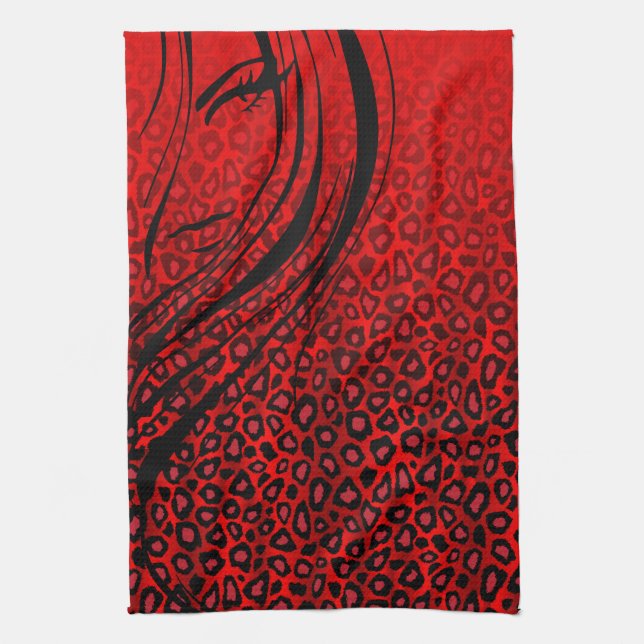 Silhouette Girl | Red Leopard Animal Print Kitchen Towel (Vertical)