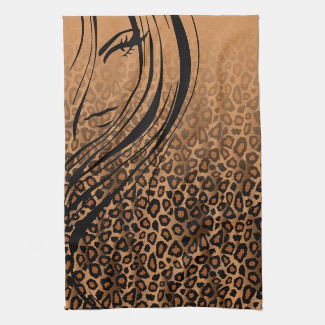 Silhouette Girl | Tan Leopard Animal Print Kitchen Towel (Vertical)