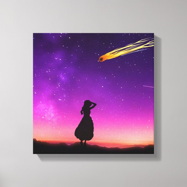 Silhouette Girl Watches Meteor Crash To Earth Canvas Print (Front)