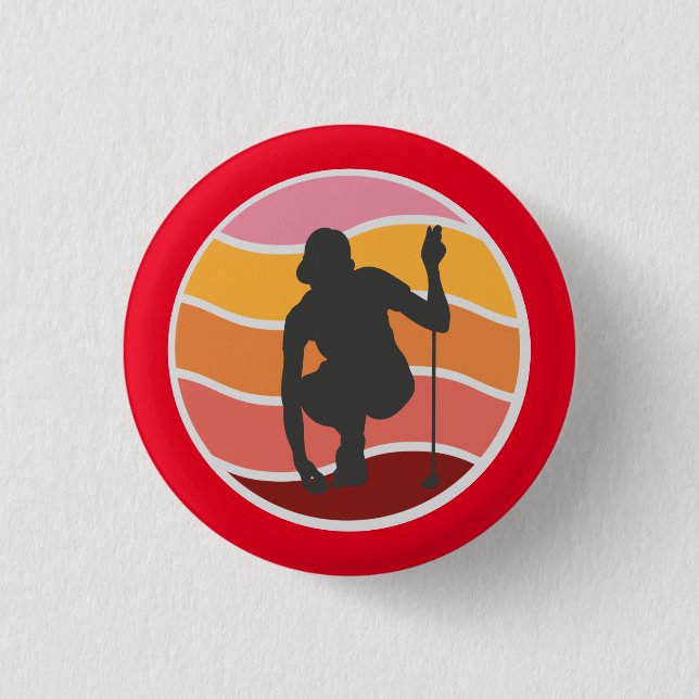 Silhouette golfer  lady  golfing on red background 1 inch round button (Front)