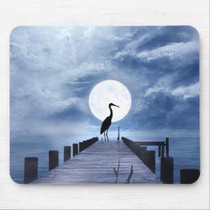 Silhouette Heron on Pier Full Moon Beach Mouse Pad
