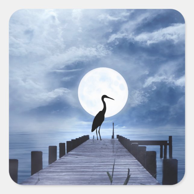 Silhouette Heron on Pier with a Full Moon Beach Square Sticker (Front)