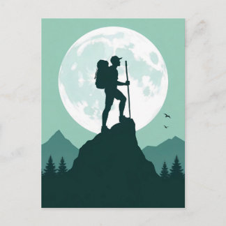Silhouette Hiker on Peak with Moon and Mountains Postcard