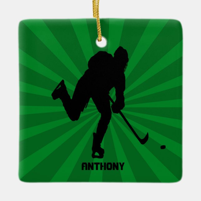 Silhouette Hockey With Green Christmas Ornament (Front)