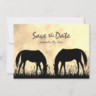 Silhouette Horses Grazing in Field Sunset Wedding Save The Date