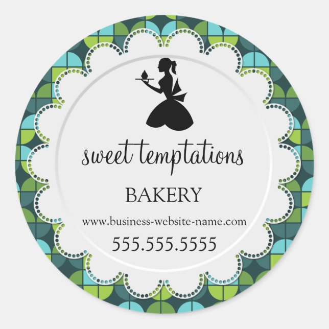 Silhouette Lady and Cupcake Bakery Packaging Classic Round Sticker (Front)