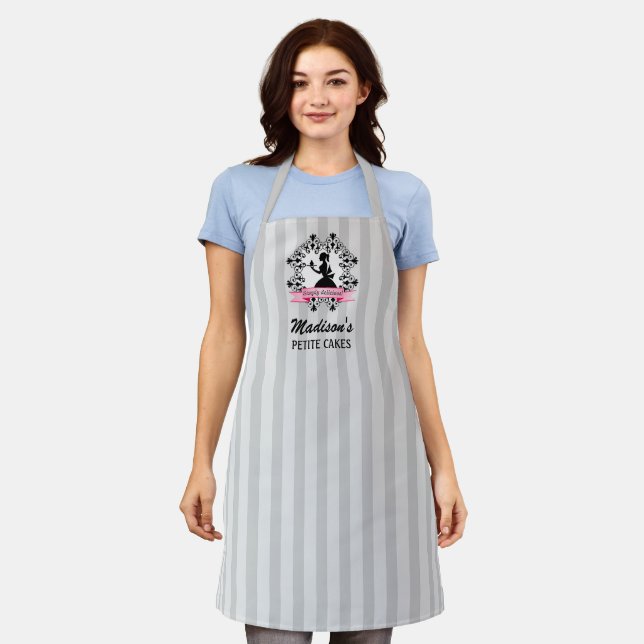 Silhouette Lady Cupcake Pink Ribbon Striped Apron (Worn)