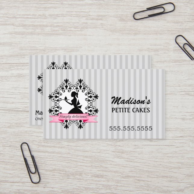 Silhouette Lady Cupcake Silver and Pink Business Card (Front/Back In Situ)