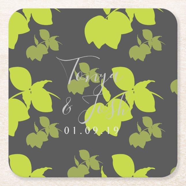 Silhouette Lemon Lime Modern Wedding Square Paper Coaster (Front)