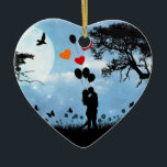 Silhouette Love Ceramic Ornament<br><div class="desc">Romantic moonlight scene of a silhouetted couple kissing holding heart shaped balloons. Alternative to traditional Christmas ornament.</div>