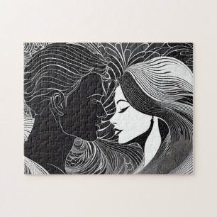 Silhouette Love Story: Black & White Kiss Jigsaw Puzzle