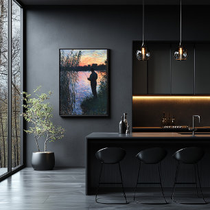 Silhouette Man Fishing at Sunset – Impressionist Poster