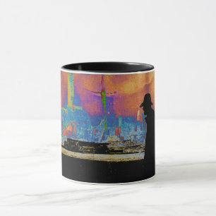 SILHOUETTE MAN WALKING THROUGH DISASTER RUINS ART MUG
