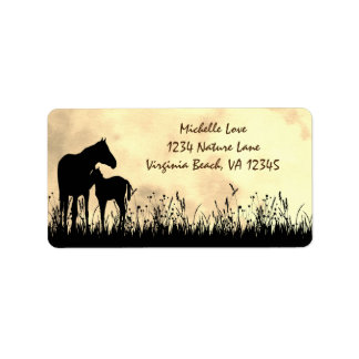 Silhouette Mare and Foal in a Field Horse Address Label