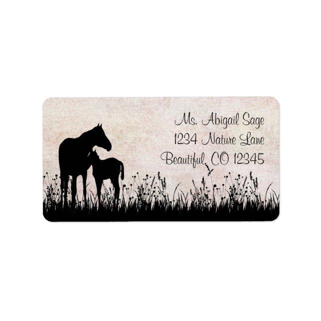 Silhouette Mare and Foal in a Field Horse Address Label (Front)