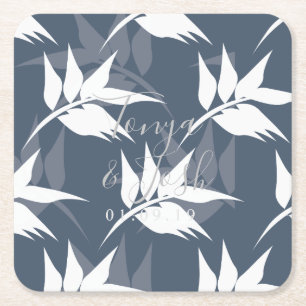 Silhouette Navy Floral Leaves Square Paper Coaster