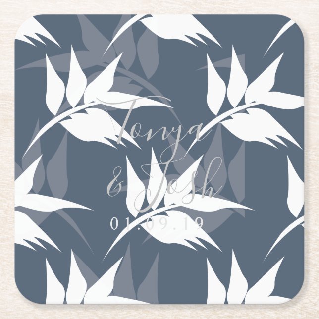 Silhouette Navy Floral Leaves Square Paper Coaster (Front)