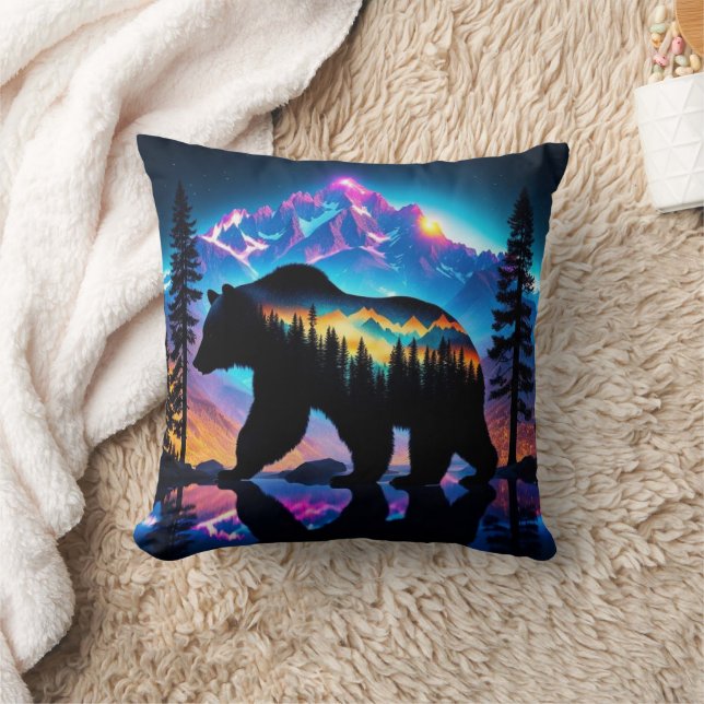 Silhouette of a Bear Showing Nature Landscape Throw Pillow (Blanket)