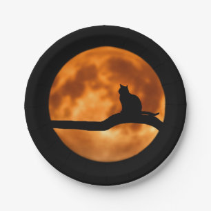 Silhouette of a Black Cat in a Tree Paper Plate