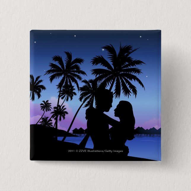 Silhouette of a couple embracing on the beach 2 inch square button (Front)