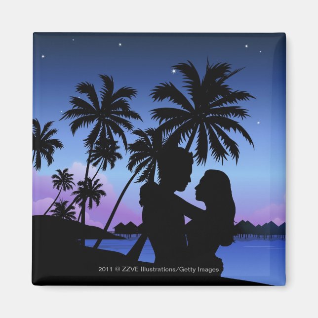 Silhouette of a couple embracing on the beach magnet (Front)