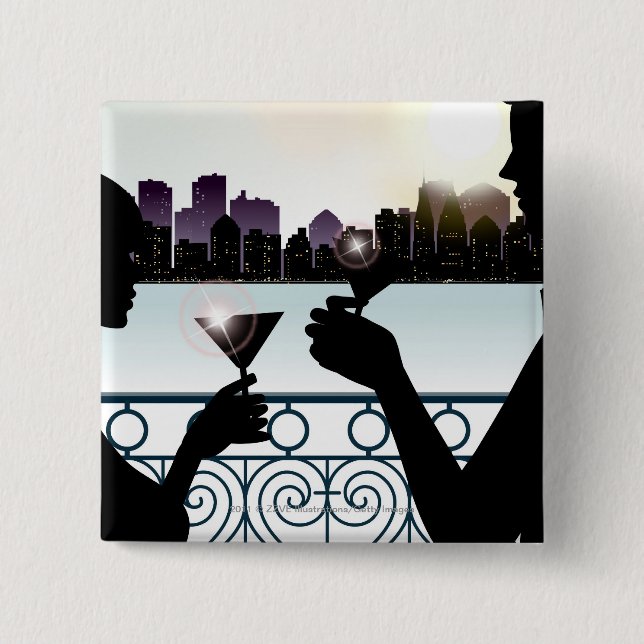 Silhouette of a couple toasting martini glasses 2 inch square button (Front)
