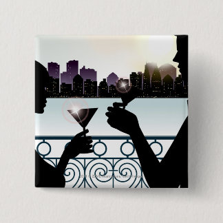 Silhouette of a couple toasting martini glasses 2 inch square button