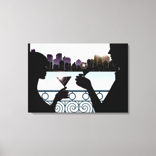 Silhouette of a couple toasting martini glasses canvas print