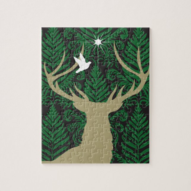 Silhouette of a deer, a dove and a star against a jigsaw puzzle (Vertical)