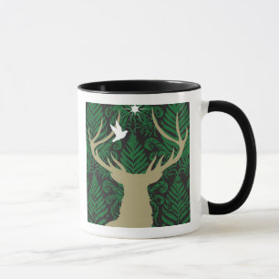 Silhouette of a deer, a dove and a star against a mug