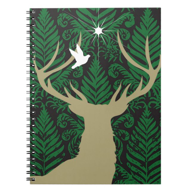 Silhouette of a deer, a dove and a star against a notebook (Front)