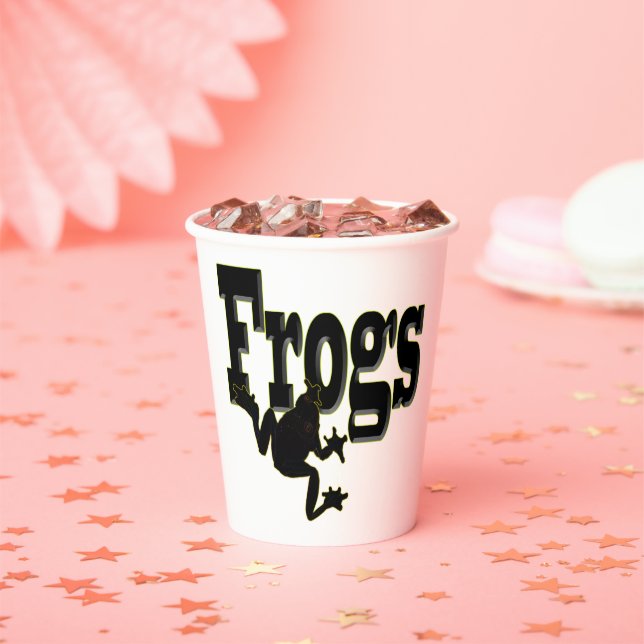 Silhouette of a Frog Climbing into the Word 'Frogs Paper Cups (Insitu)