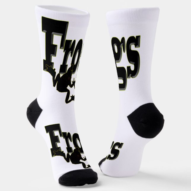 Silhouette of a Frog Climbing into the Word 'Frogs Socks (Angled)