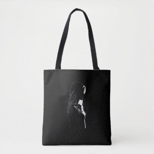 Silhouette of a girl with light and shadow black tote bag